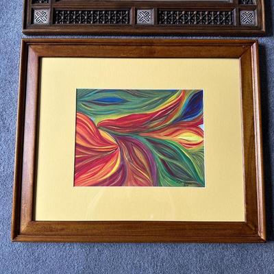 INLAID MARQUETRY WALL MIRROR AND A WATERCOLOR PICTURE