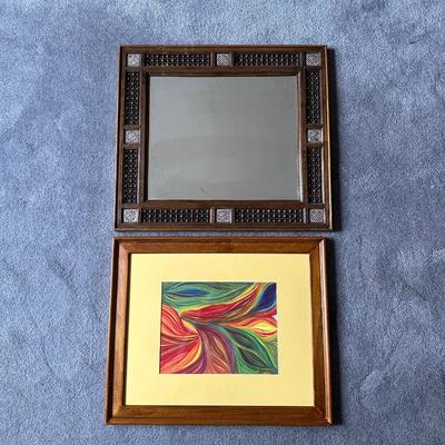 INLAID MARQUETRY WALL MIRROR AND A WATERCOLOR PICTURE