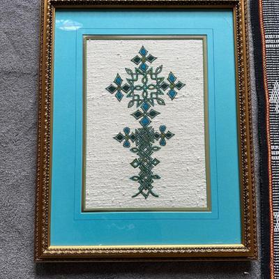FRAMED ETHIOPIAN CROSS AND A HAND WOVEN SCARF/RUNNER