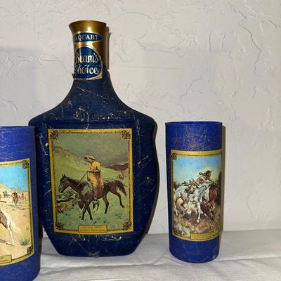 JIM BEAM "ON THE TRAIL" AND "INDIAN MAIDEN" 1 SEALED PLUS 4 GLASSES