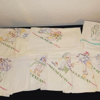 HAND EMBROIDERED FLOUR SACK DAYS OF THE WEEK DISH TOWELS