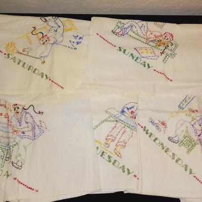 HAND EMBROIDERED FLOUR SACK DAYS OF THE WEEK DISH TOWELS