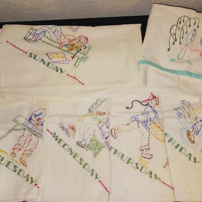 HAND EMBROIDERED FLOUR SACK DAYS OF THE WEEK DISH TOWELS