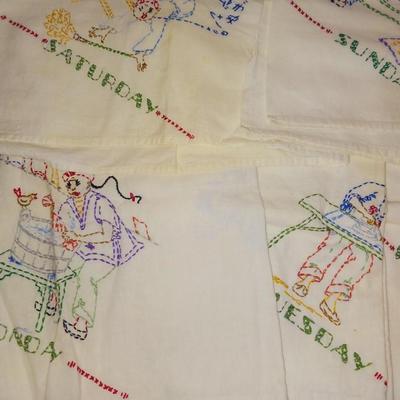 HAND EMBROIDERED FLOUR SACK DAYS OF THE WEEK DISH TOWELS