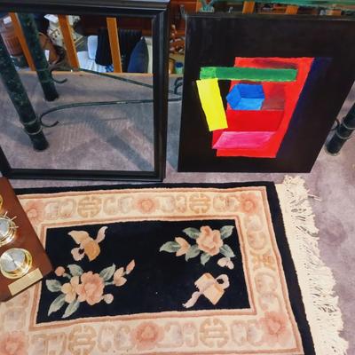 THICK WOOL THROW RUG, BAROMETER AND AN ABSTRACT PAINTING W/FRAME