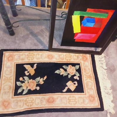 THICK WOOL THROW RUG, BAROMETER AND AN ABSTRACT PAINTING W/FRAME