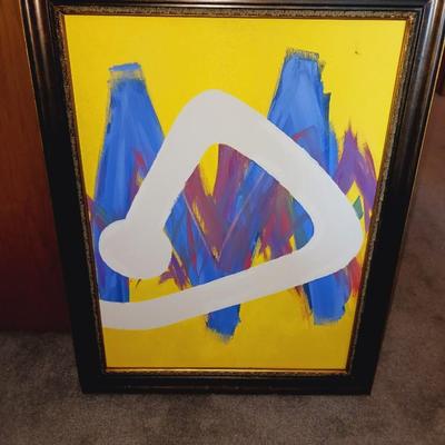 COLORFUL FRAMED PICTURE AND AN ABSTRACT OIL ON CANVAS