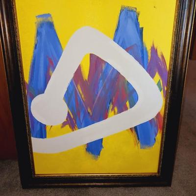 COLORFUL FRAMED PICTURE AND AN ABSTRACT OIL ON CANVAS