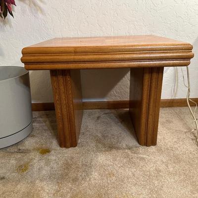 SOLID WOOD END TABLE AND A FAUX TREE