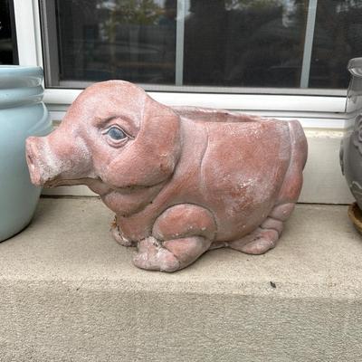 CONCRETE PIG AND 2 CERAMIC PLANTERS