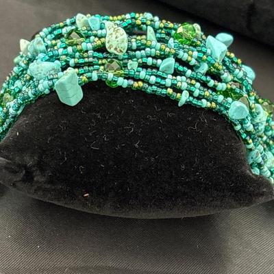 Hand Beaded Turquoise Bracelet 12 Strands with Crystals and Small Natural Stones
