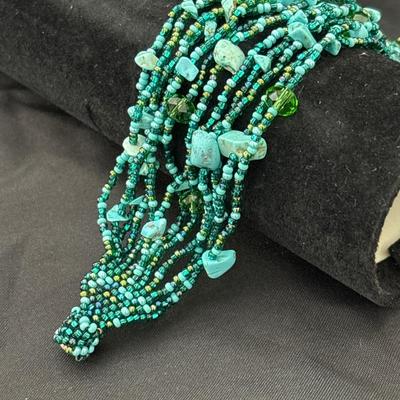 Hand Beaded Turquoise Bracelet 12 Strands with Crystals and Small Natural Stones