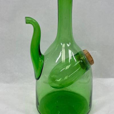 Vintage Hand Blown Green Glass Wine Decanter w/ ice chamber
