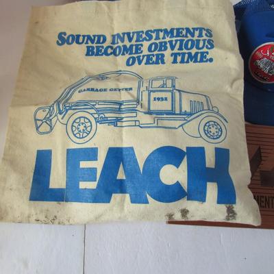 Lot of Leach Co Advertising Items, Baseball Caps, Bags, Plaque