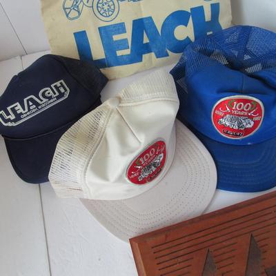 Lot of Leach Co Advertising Items, Baseball Caps, Bags, Plaque