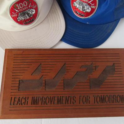 Lot of Leach Co Advertising Items, Baseball Caps, Bags, Plaque