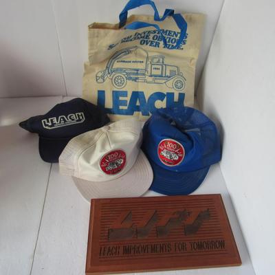 Lot of Leach Co Advertising Items, Baseball Caps, Bags, Plaque