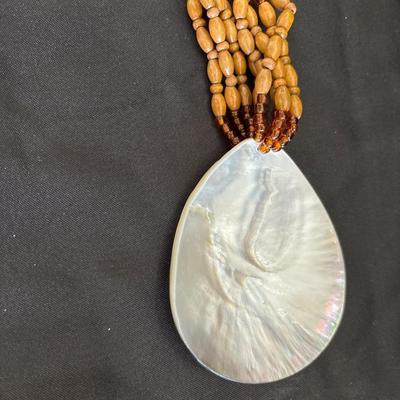 Vintage natural Babylonian shell pendant With wood bead, Necklace