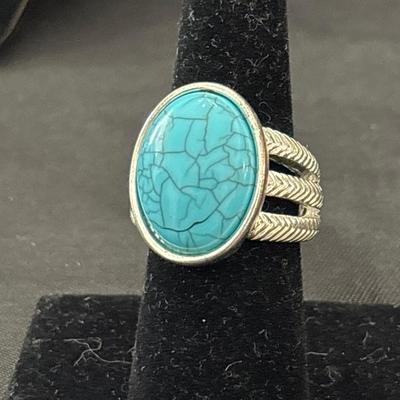 Turquoise tone Boho style adjustable silver tone ring