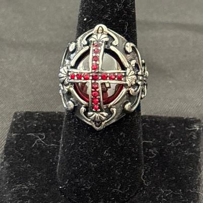 Mens Vintage The End Time Cross Rings With Blood Red Inner Zircon Stones Stainless Steel Punk Male Jewelry