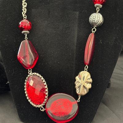 Red on silver tone statement necklace