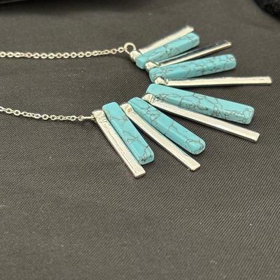 Silver Marble Stick Statement Necklace - Turquoise Tone