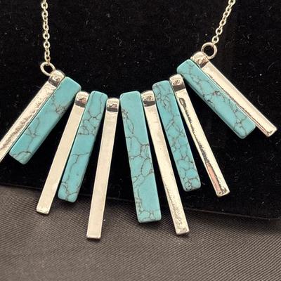 Silver Marble Stick Statement Necklace - Turquoise Tone
