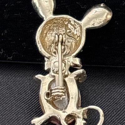 VINTAGE NAPIER GLASS JELLY BELLY RHINESTONE WINKING MOUSE BROOCH PIN RED STONE
