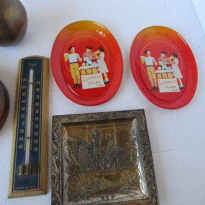 Vintage Rain Guage, Thermometer, Brass Apple, More