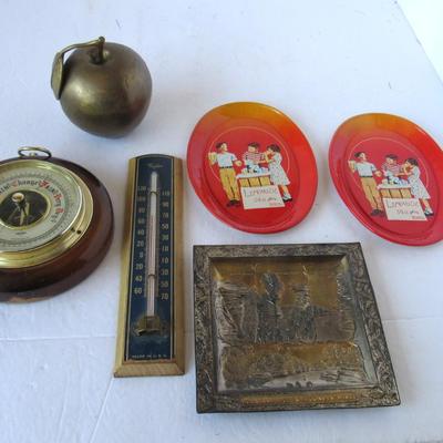 Vintage Rain Guage, Thermometer, Brass Apple, More