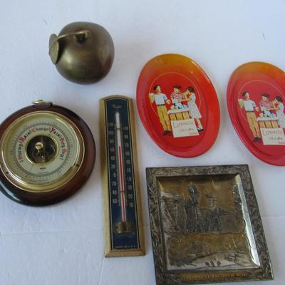 Vintage Rain Guage, Thermometer, Brass Apple, More