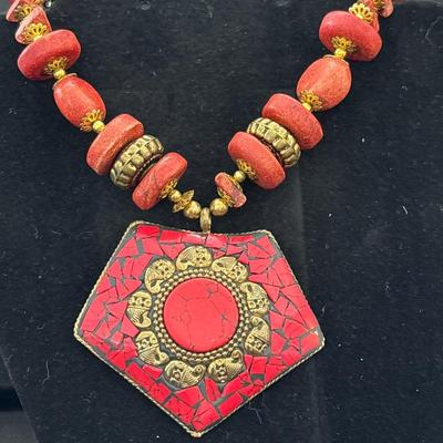Gold tone and red big statement necklace