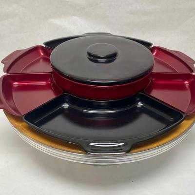 Vintage Aluminum 50’s Lazy Susan, Red & Black, Holiday Serving Tray with Pedestal