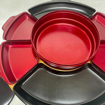 Vintage Aluminum 50’s Lazy Susan, Red & Black, Holiday Serving Tray with Pedestal