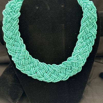 Necklace Mint Green Braided Seed Bead Thick Collar Silver Tone Chain NWT