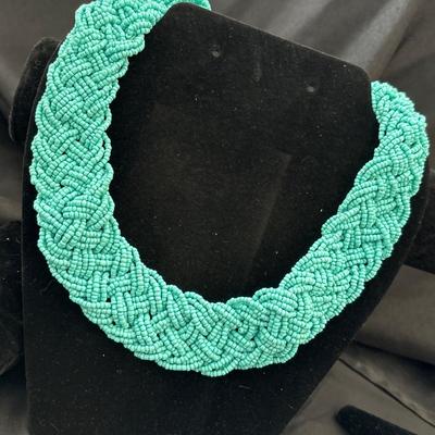 Necklace Mint Green Braided Seed Bead Thick Collar Silver Tone Chain NWT