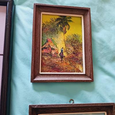 3 OIL ON CANVAS AND A FRAMED PICTURE WITH AN ASIAN FEEL
