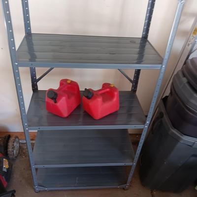 METAL STORAGE SHELF AND 2 PLASTIC GAS CANS