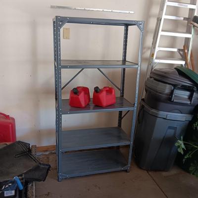 METAL STORAGE SHELF AND 2 PLASTIC GAS CANS