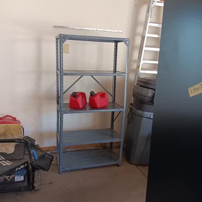 METAL STORAGE SHELF AND 2 PLASTIC GAS CANS