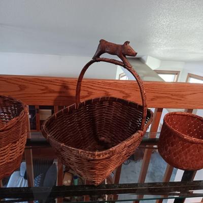 WOVEN BASKET W/WOODEN PIG HANDLE AND 2 OTHER BASKETS