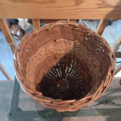 WOVEN BASKET W/WOODEN PIG HANDLE AND 2 OTHER BASKETS
