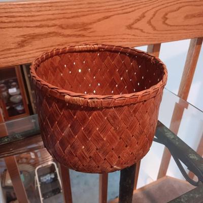 WOVEN BASKET W/WOODEN PIG HANDLE AND 2 OTHER BASKETS