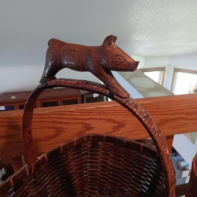 WOVEN BASKET W/WOODEN PIG HANDLE AND 2 OTHER BASKETS