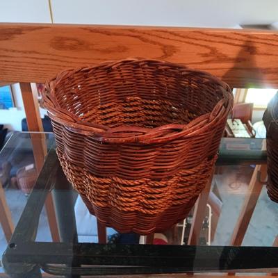 WOVEN BASKET W/WOODEN PIG HANDLE AND 2 OTHER BASKETS