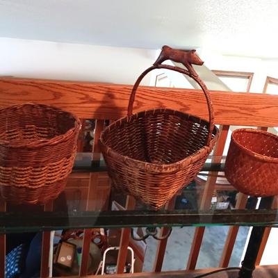 WOVEN BASKET W/WOODEN PIG HANDLE AND 2 OTHER BASKETS