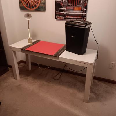WHITE FORMICA TOP WORK SPACE, PAPER SHREDDER AND DESK LAMP