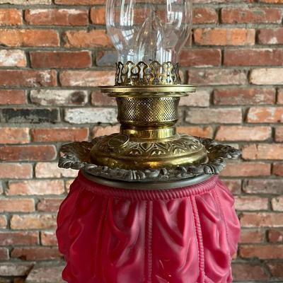 Antique Red Ruffled Glass Oil Lamp