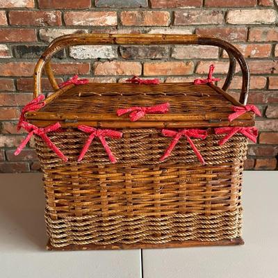 Picnic Basket, Bamboo, Woven Rope, Two Handles