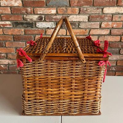 Picnic Basket, Bamboo, Woven Rope, Two Handles